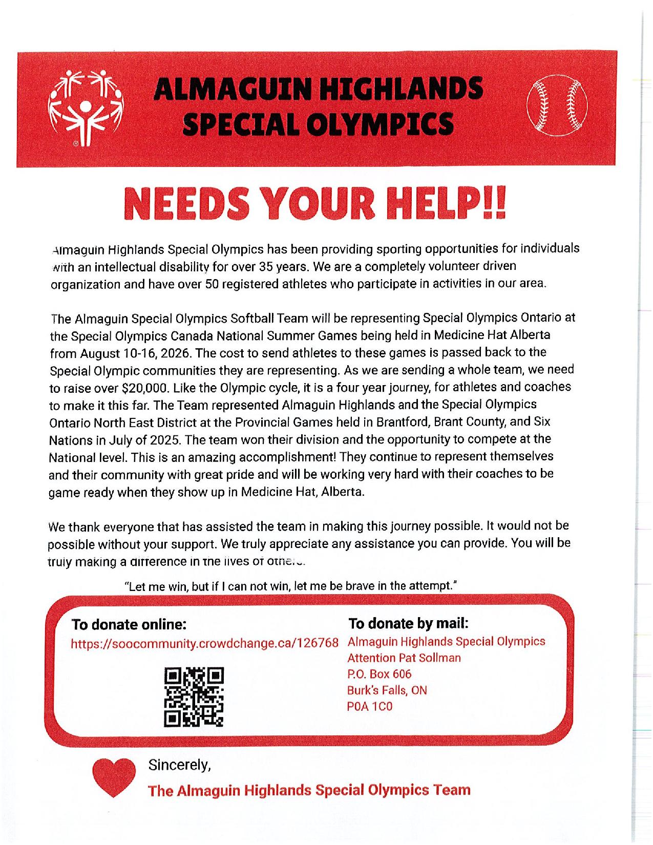AH Special Olympics Team NEEDS YOUR HELP