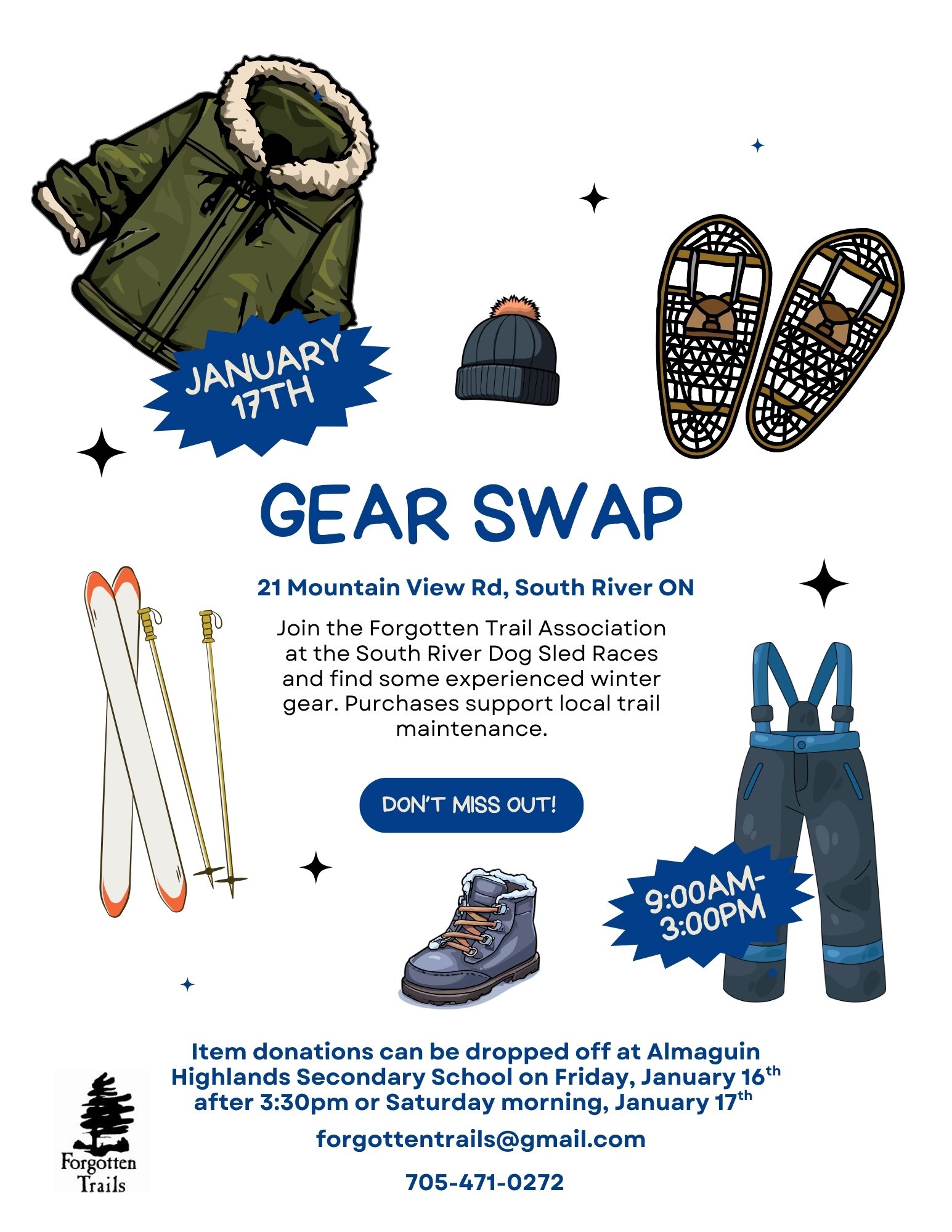Winter recreation equipment/clothing swap Jan 17 9am-3pm 21 Mountain View Rd