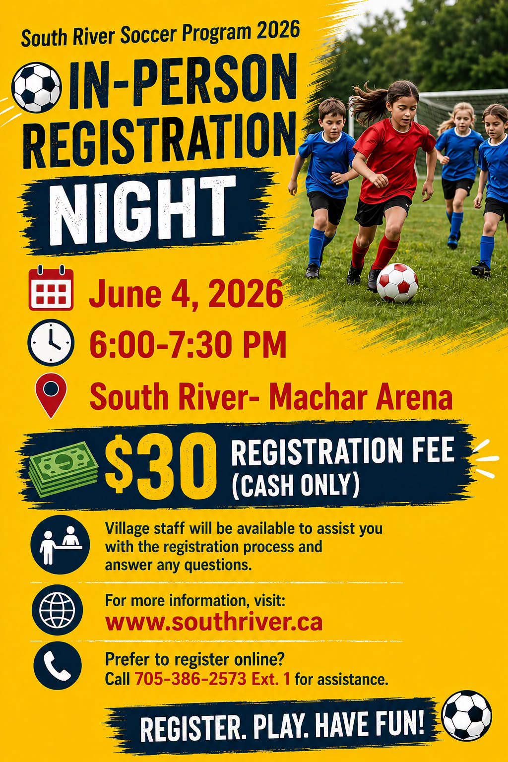 Soccer in person registration June 4, 6-7:30 pm